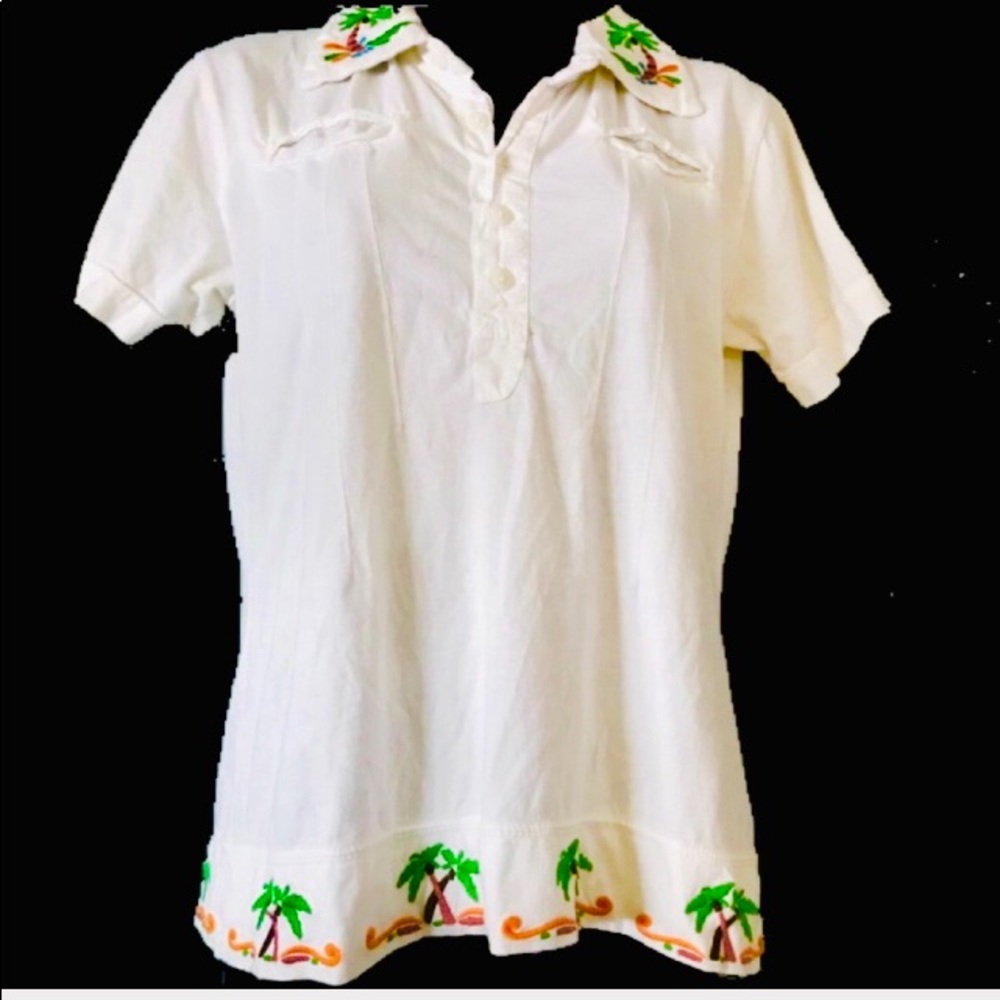 Cotton Polo Top w/Green /Brown Palm Trees Pussers British Virgin Islands Medium